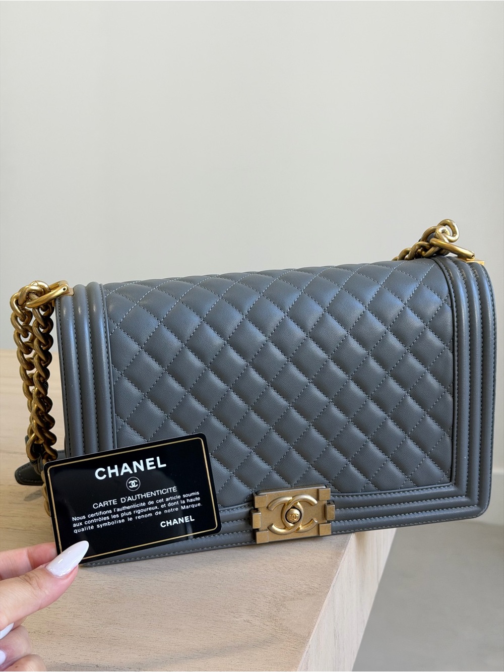 CHANEL Gray Boy Flap Bag Lambskin Medium with Aged Gold Hardware